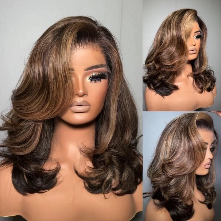 4x4/7x5 Lace Blonde Highlight With Dark Brown Layered Wavy Glueless Wig