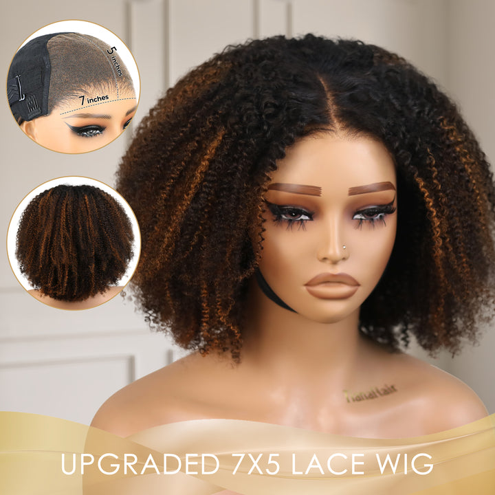 Afro Kinky Curly Brown Highlight 4x4/7x5 Pre-Everyhthing & Transparent Lace Wear Go Glueless Wig