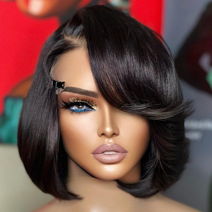 7x5 Lace Side Part Layered Haircut Bob With Bangs Glueless Wig 100% Human Hair