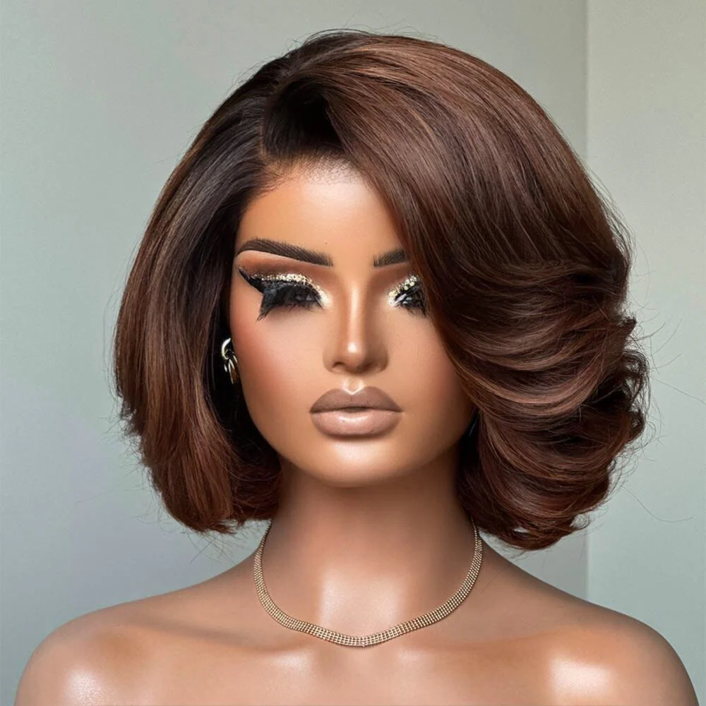 4x4 Lace Ombre Brown Layered Wavy Glueless Bob Wig