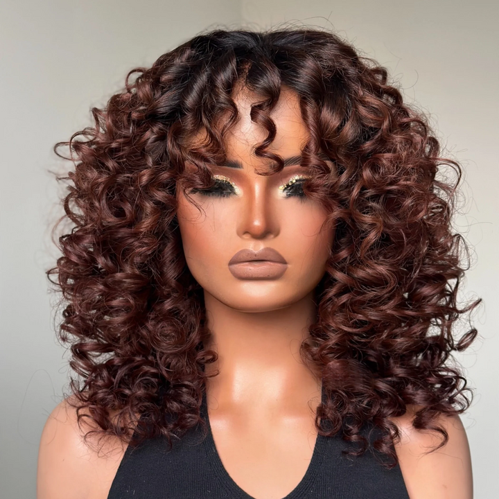 4x4 Lace Reddish Brown With Dark Root Bouncy Curl Glueless Wig