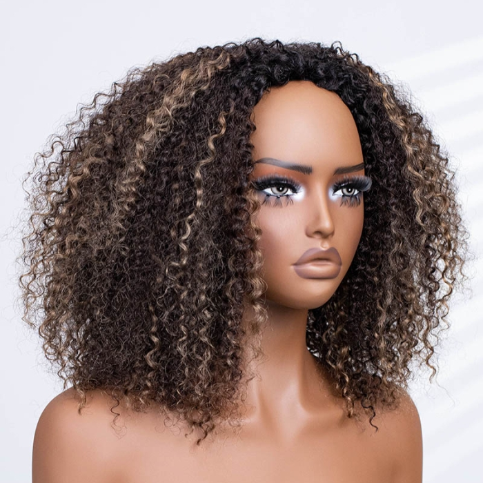 3 IN 1 HALF WIG Highlight Brown Kinky Curly Half Wig Draw-strings Flip Over Wig