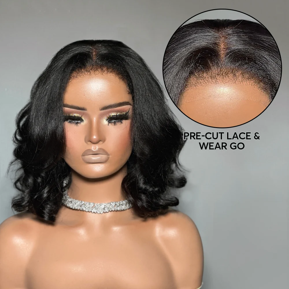 4x4 Lace Yaki Wavy Bob Pre-cut Lace With Kinky Edges Glueless Wig