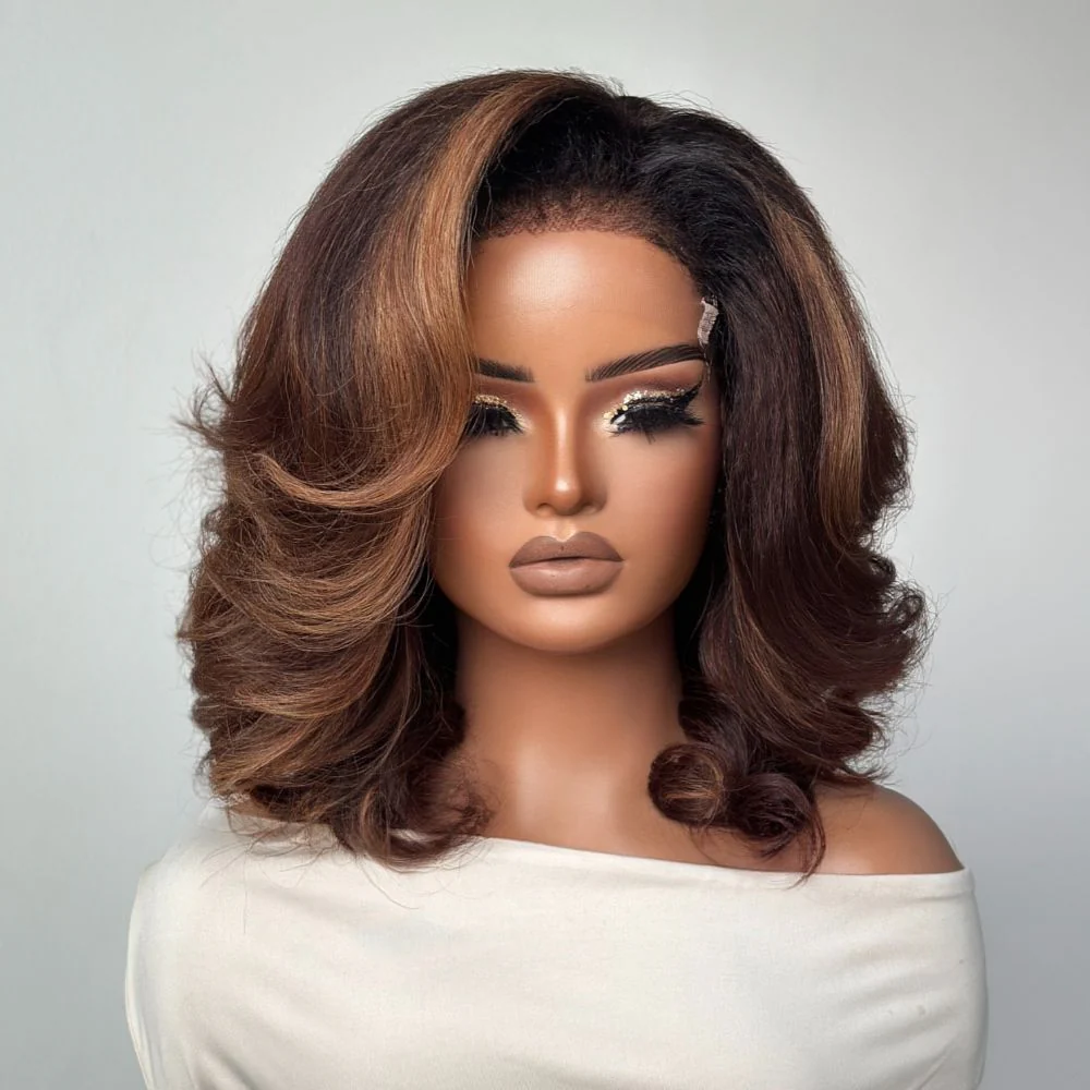 4x4 Lace Ombre Golden Brown Blowout Wig with Kinky Edges