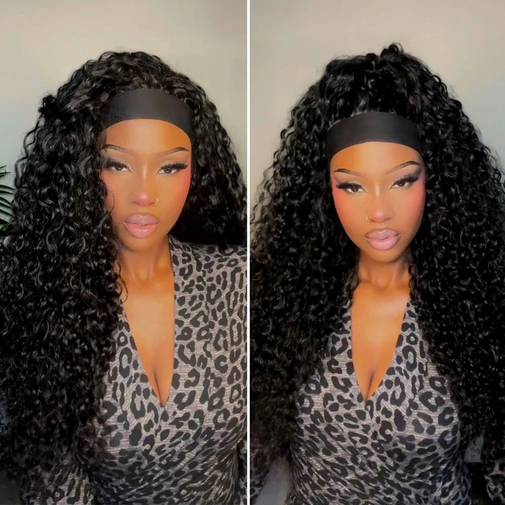 Anfängerfreundliche, wassergewellte, kleberlose Perücke mit langem Stirnband, 100 % Echthaar