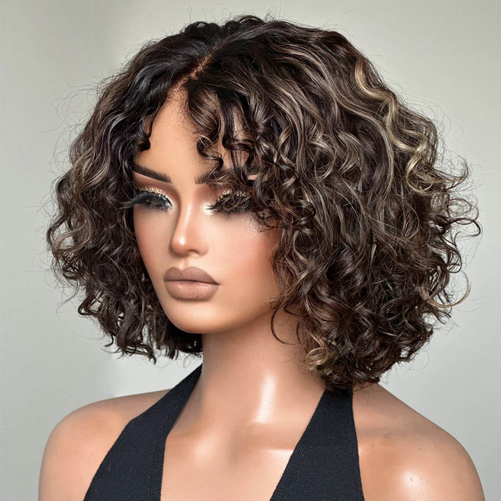 4x4 Lace Short Blonde Highlights Pixie Curly Glueless Wig