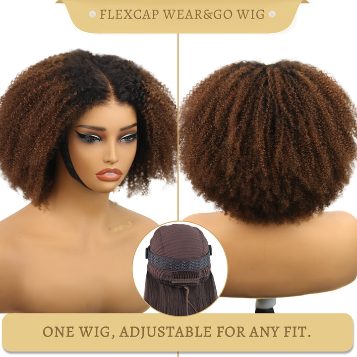 FlexCap Wear & Go Ombre Chocolate Afro Kinky Curly 7x5 Pre-Everything & Transparent Lace Flexi-Fit Invisi Drawstring Cap Glueless Wig