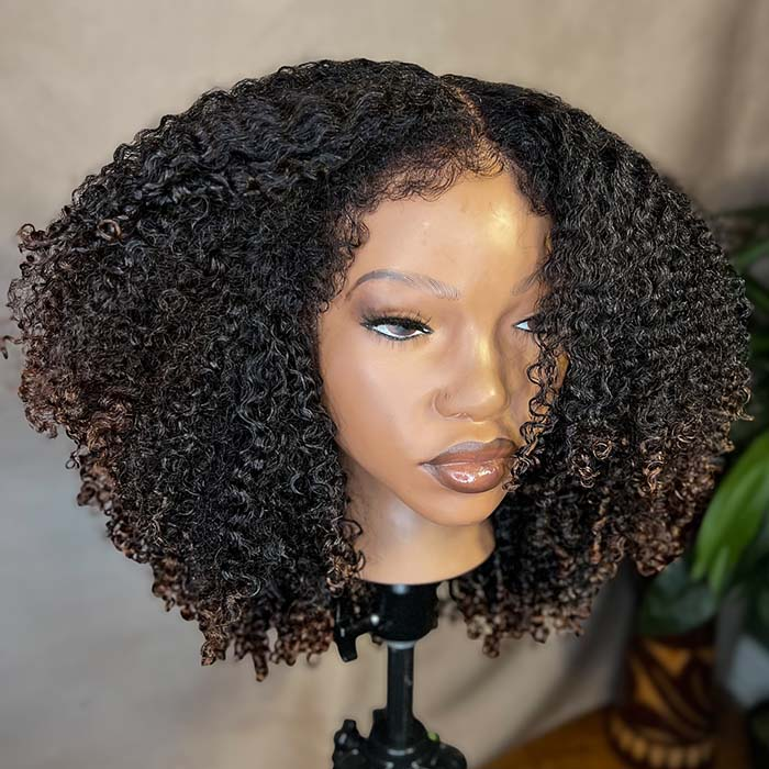 4x4/7x5 Lace Black Brown Ombre Luxury Layer Cut 4C Edges Hairline Coily Curly Glueless Wig Human Hair