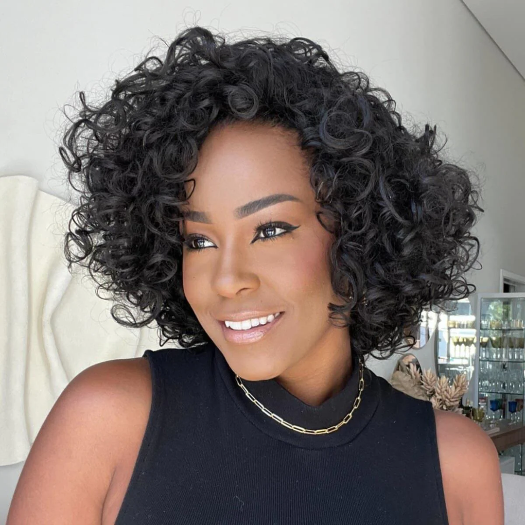 No Lace  Put On & Go Glueless Short Bob Curly 100% Human Hair Wig