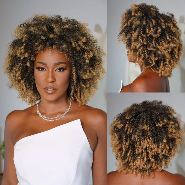 No Lace Put on & Go Honey Blonde Highlights Afro Kinky Coily Glueless Bob Wig With Bangs