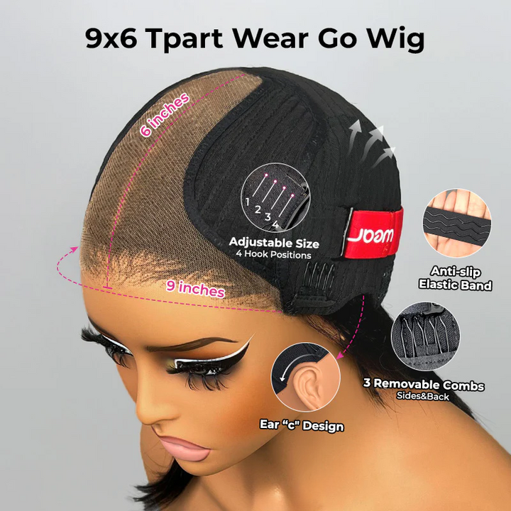 9x6 T Part Layered Cut Bob Yaki Straight Wig Deep Part Lace Flexi-Fit Invisi Drawstring Cap Glueless Wig
