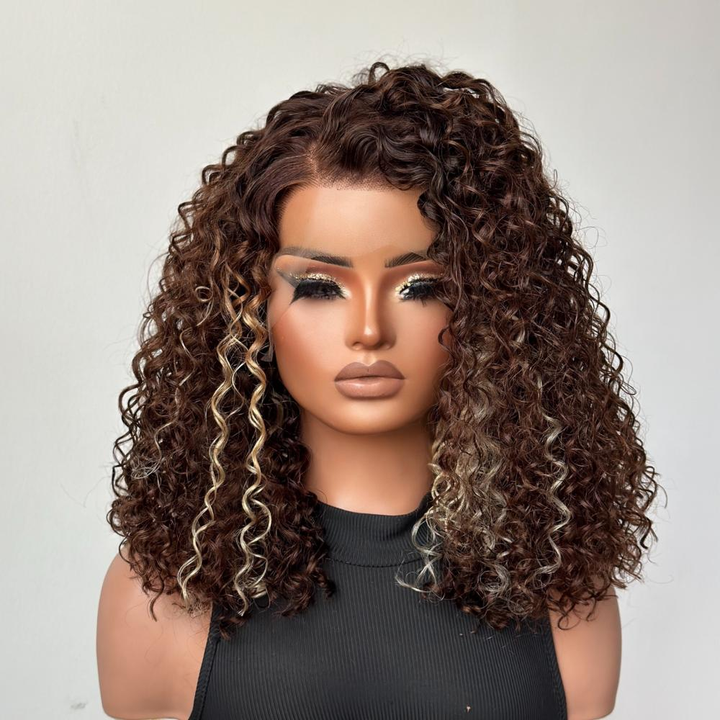 4x4/7x5 Lace Brown With Blonde Highlight Kinky Curly Pre-Everything Wear Go Glueless Wig