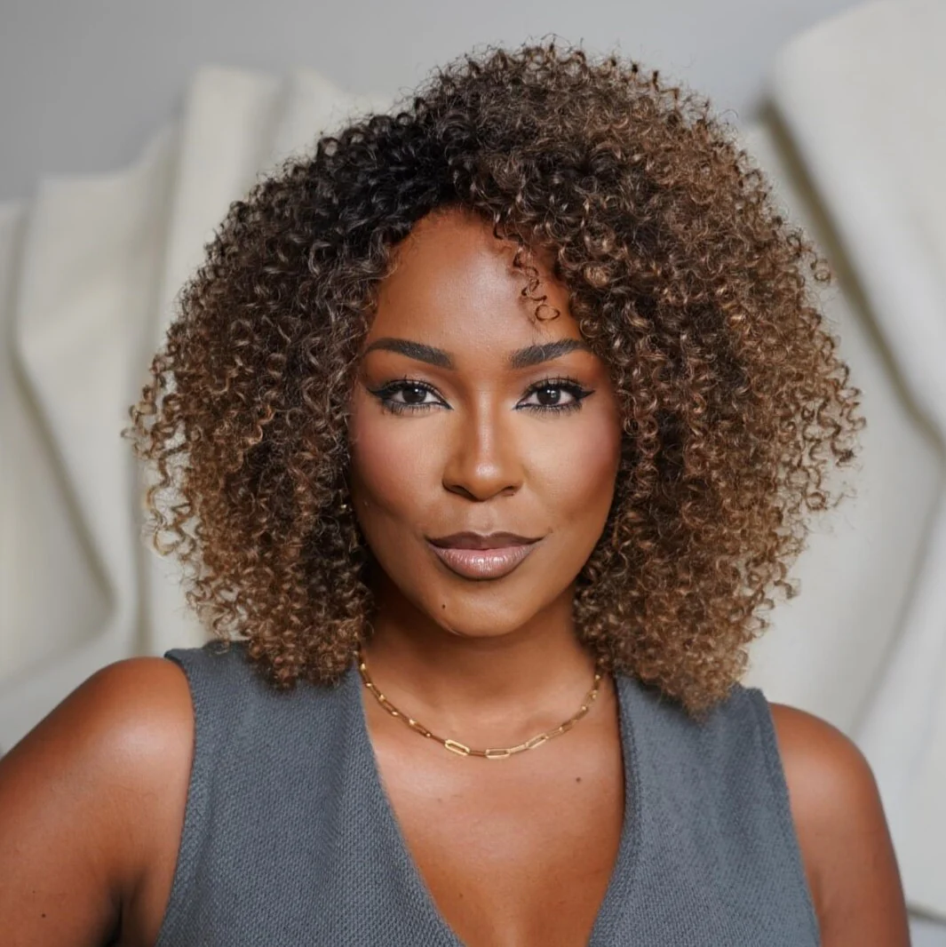 No Lace Put On & Go Honey Brûlée Curly Glueless Wig With Bangs