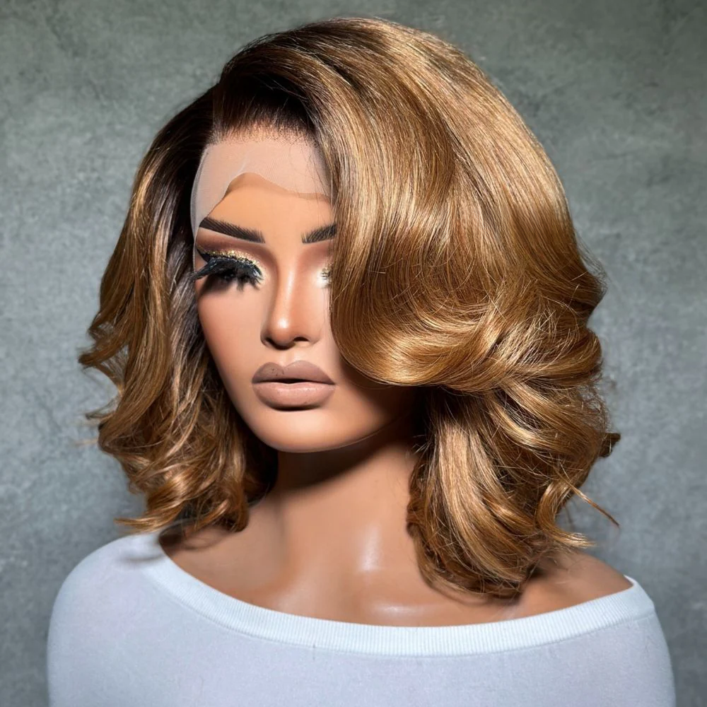 4x4 Ombre Honey Blonde Side Part Layered Bob Wig 100% Human Hair
