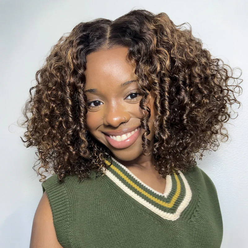 Ombre Blonde Highlight Deep Curly Glueless 4x4 Lace Wig Ready To Go 100% Human Hair