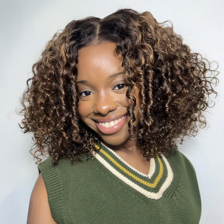 Ombre Blonde Highlight Deep Curly Glueless 4x4 Lace Wig Ready To Go 100% Human Hair