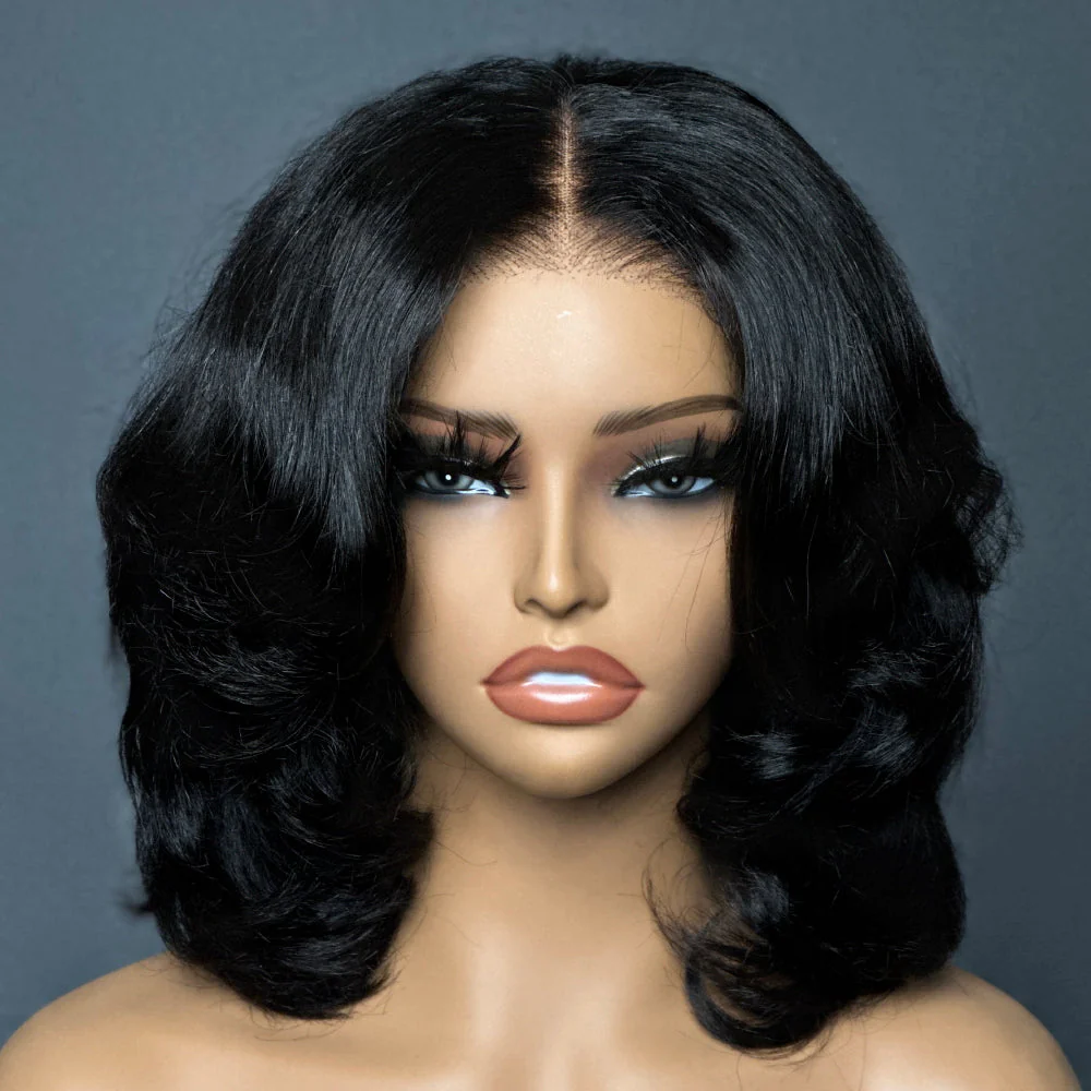 7x5 Lace Layered Bob Short Wavy Glueless Wig Wear And Go 100% Human Hair