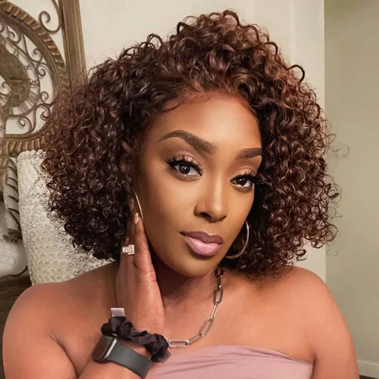 13x4 Frontal Lace Highlight Chocolate Brown Bob Curly Glueless Wig