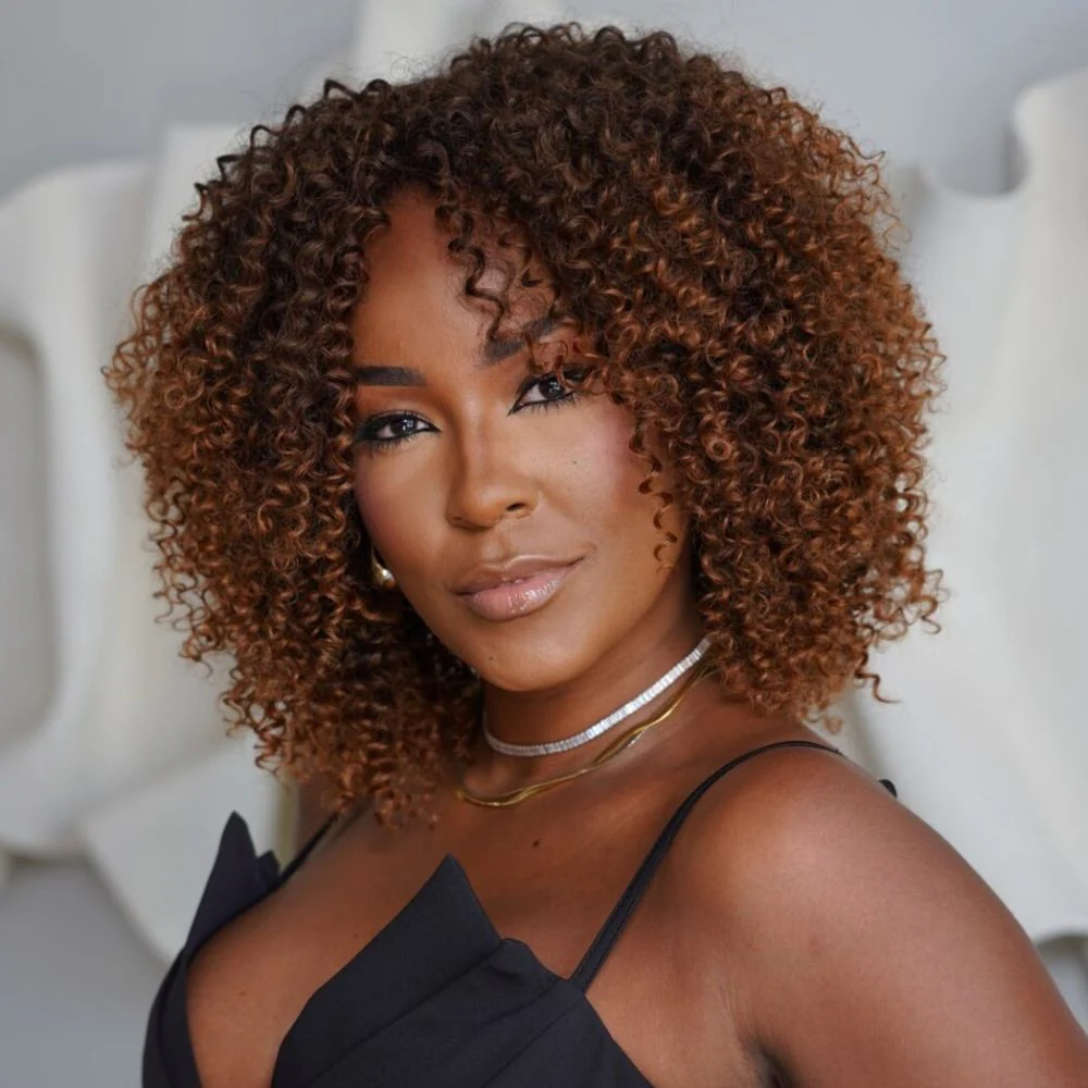 No Lace Dark Brown Mix Light Auburn Curly Glueless Wig With Bangs