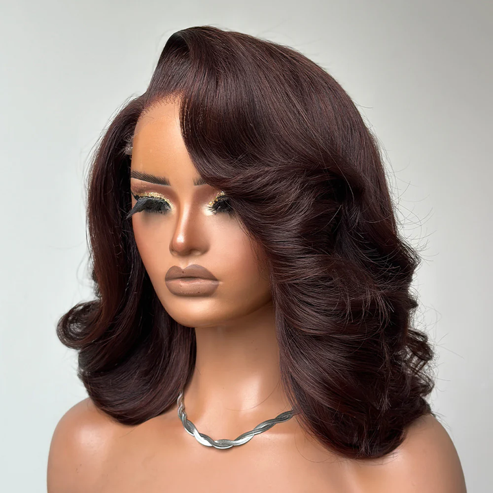 4x4 Lace Dark Brown Layered Cut Body Wave Bob Wig 100% Human Hair