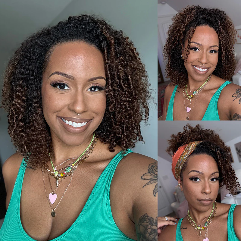 3 IN 1 HALF WIG Ombre Brown Layered Curly Pre-Styled Kinky Coily Half Wig Flip Over Draw-strings Wig