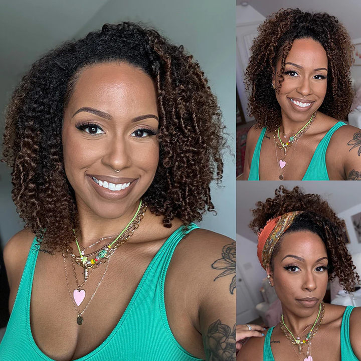 3 IN 1 HALF WIG Ombre Brown Layered Curly Pre-Styled Kinky Coily Half Wig Flip Over Draw-strings Wig
