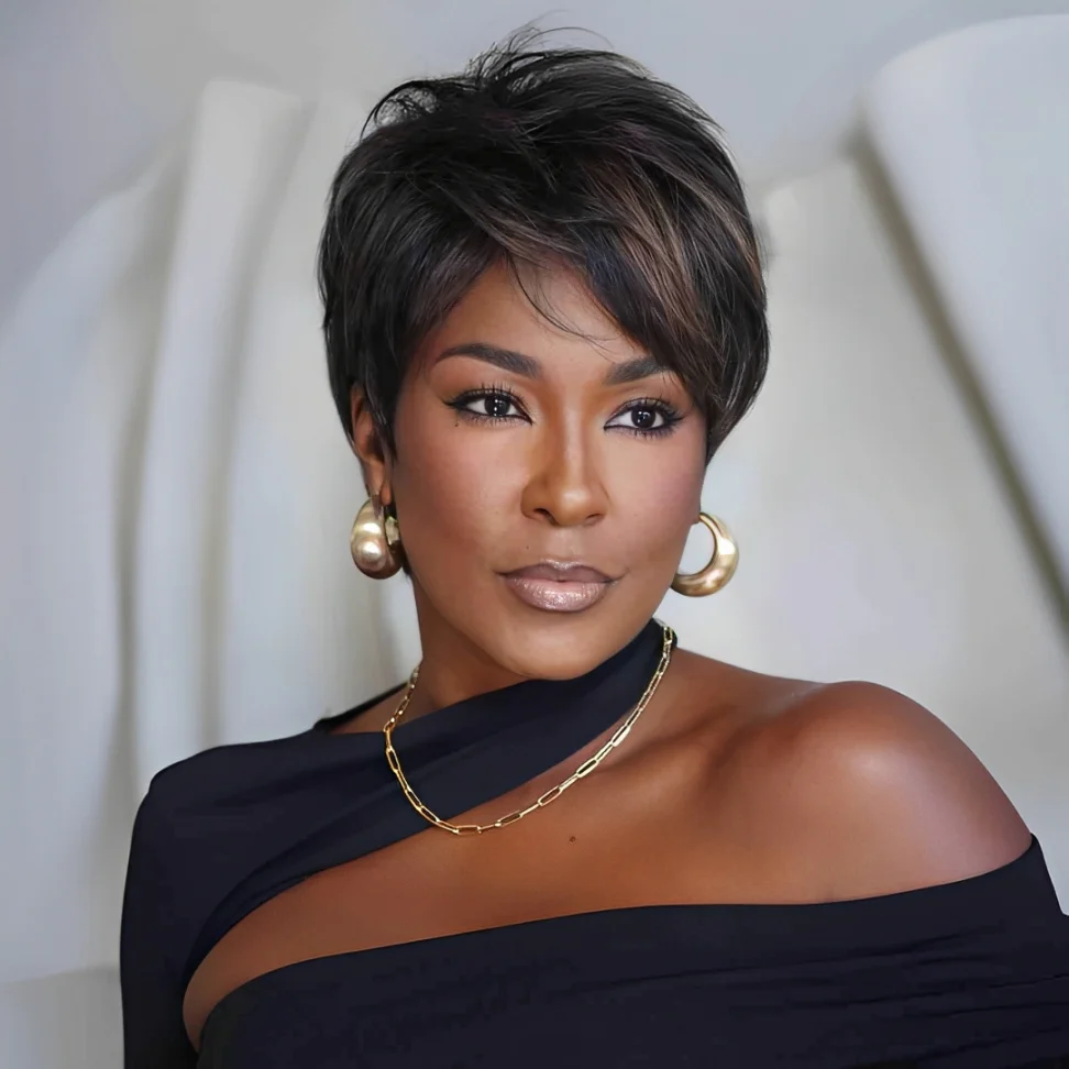 Put On & Go Brown Highlight Layered Pixie Cut Wig With Bangs