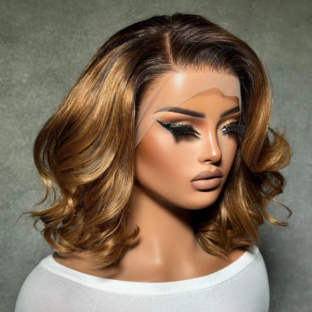 4x4 Ombre Honey Blonde Side Part Layered Bob Wig 100% Human Hair