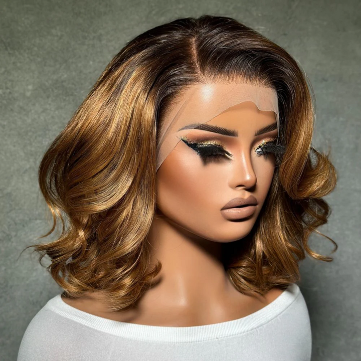 4x4 Ombre Honey Blonde Side Part Layered Bob Wig 100% Human Hair