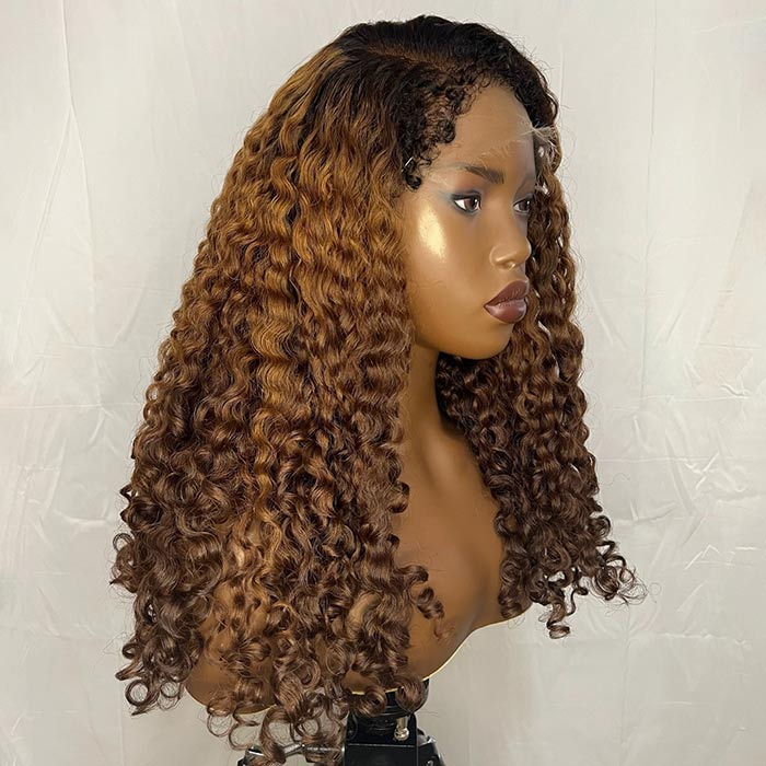4x4/7x5 Lace Ombre Black Brown 4C Edges Hairline Coily Curly Glueless Wig Human Hair