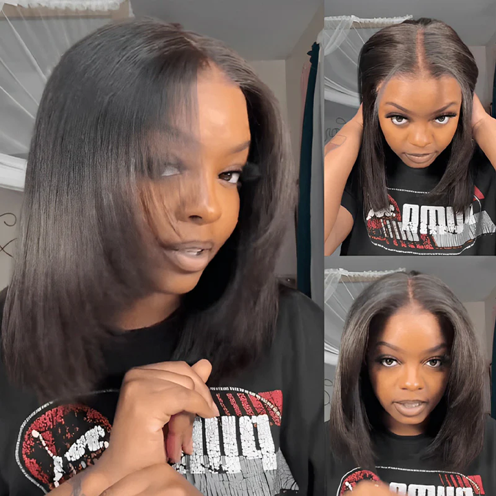 9x6 T Part Layered Cut Bob Yaki Straight Wig Deep Part Lace Flexi-Fit Invisi Drawstring Cap Glueless Wig