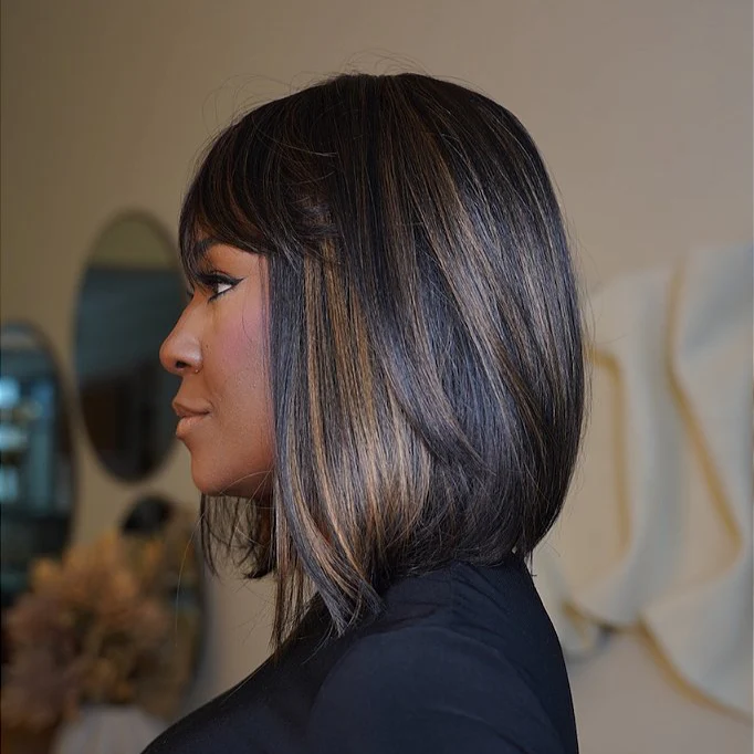 No Lace Highlight Short Straight Wig With Bangs 100% Human Hair