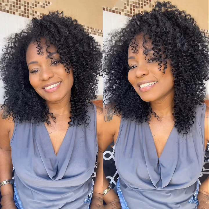 No Lace Put on & Go Natural Black Tight Deep Curly With Bang Wig 100% Human Hair Wig