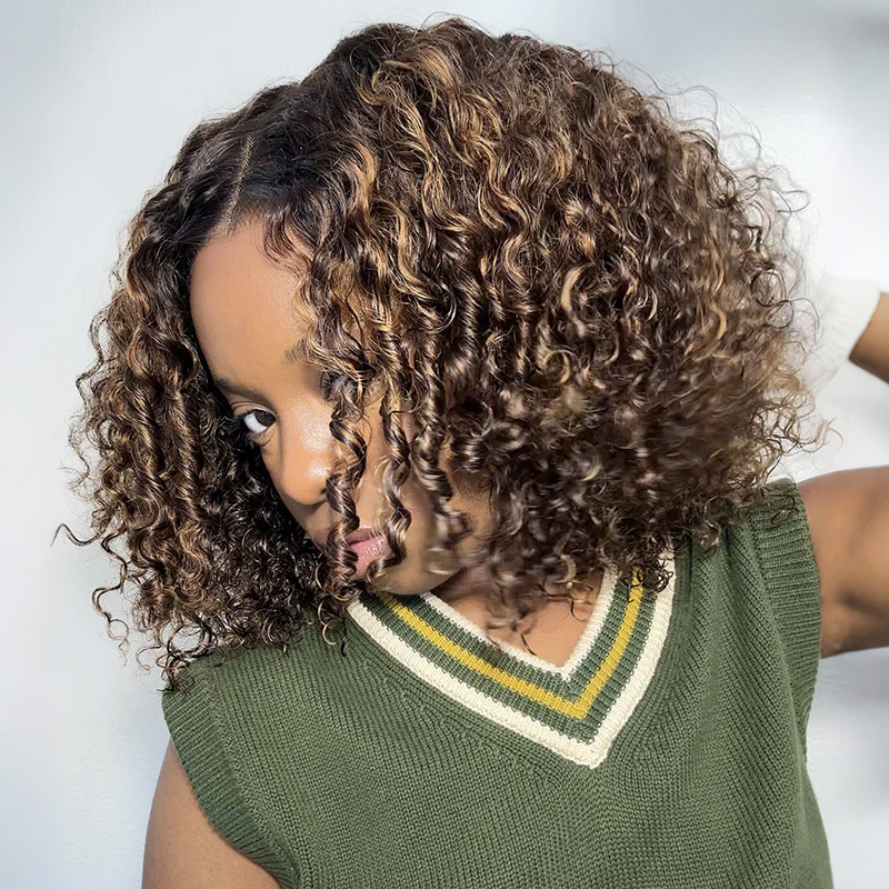 Ombre Blonde Highlight Deep Curly Glueless 4x4 Lace Wig Ready To Go 100% Human Hair