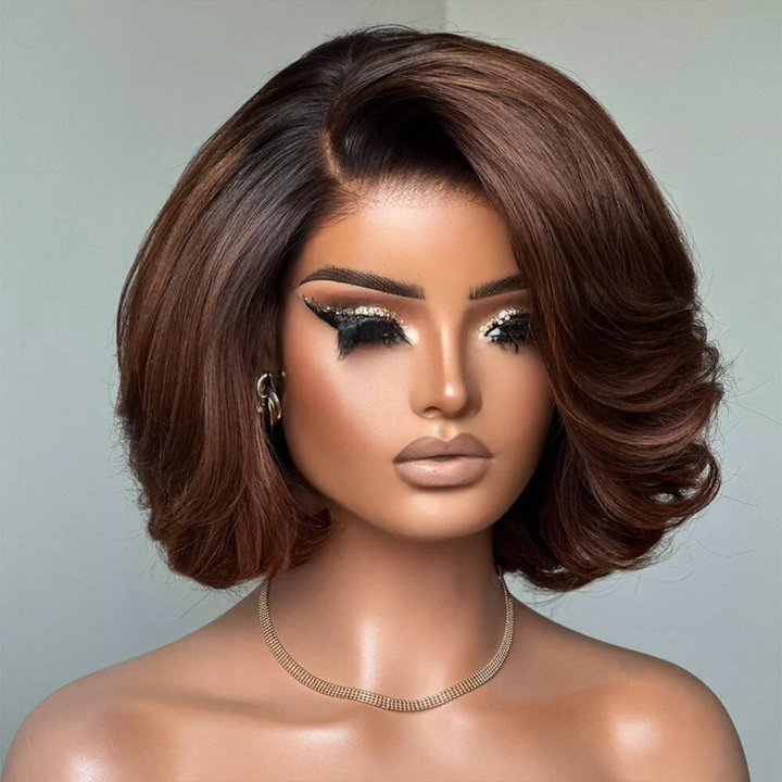 4x4 Lace Ombre Brown Layered Wavy Glueless Bob Wig