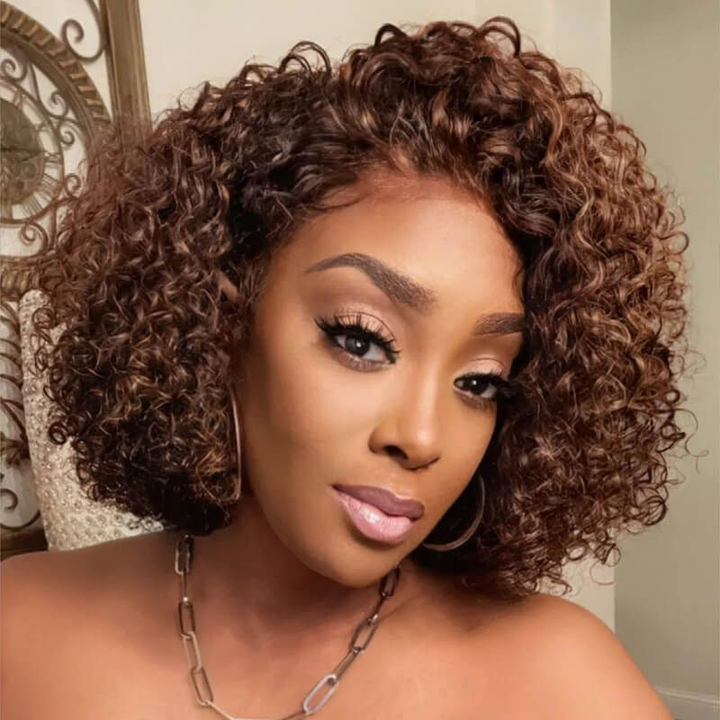 13x4 Frontal Lace Highlight Chocolate Brown Bob Curly Glueless Wig