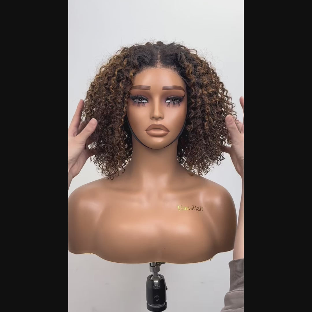 Ombre Blonde Highlight Deep Curly Glueless 4x4 Lace Wig Ready To Go 100% Human Hair