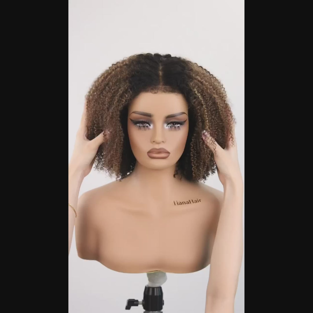 4x4/7x5 Lace Ombre Brown Highlights Afro Kinky Curly With Kinky Edges Bob Wig Pre-Everyhthing Wear Go Glueless Wig