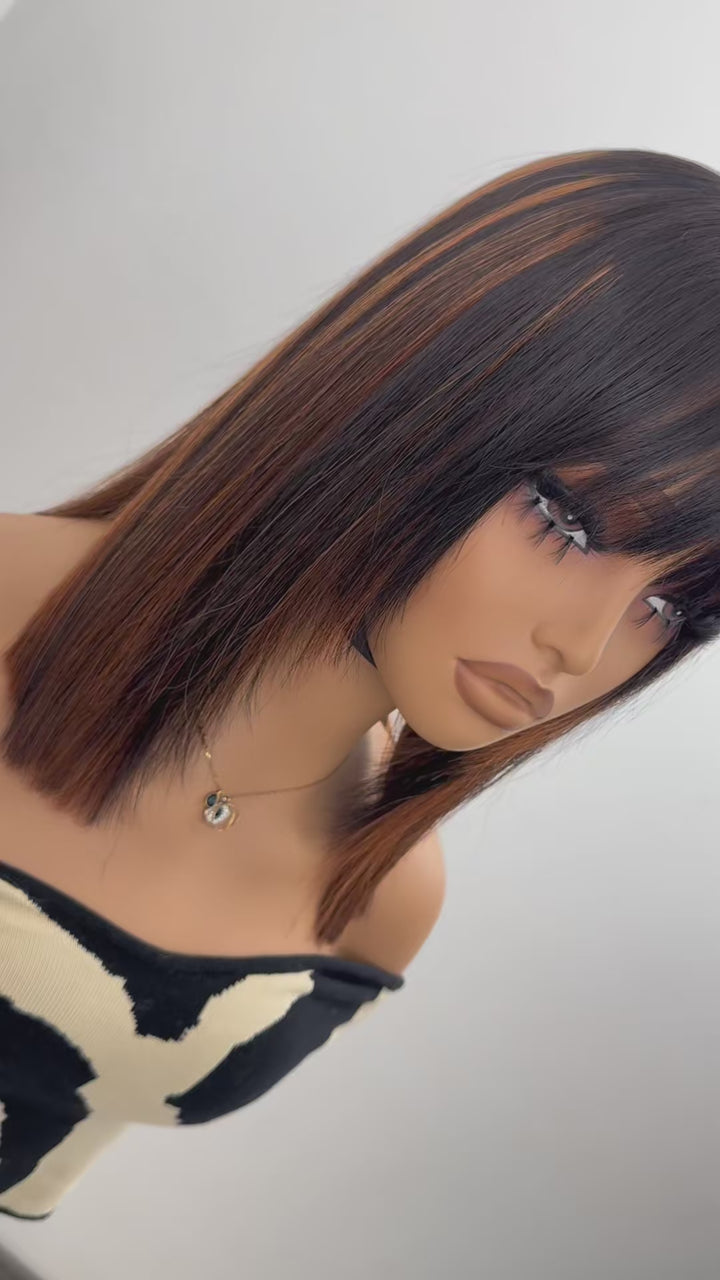 TianaHair Brown Highlight / Natural Black Glueless Layered Cut Silky Straight No Lace Bob Wig with Bangs.