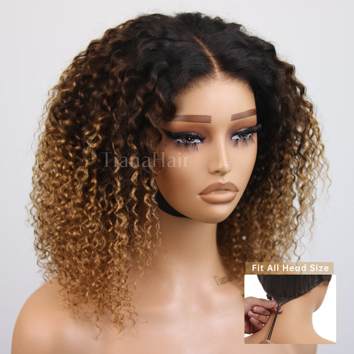FlexCap Wear & Go Sun-kissed Ombre Blonde Kinky Curly 7x5 Pre-Everything & Transparent Lace Flexi-Fit Invisi Drawstring Cap Glueless Wig