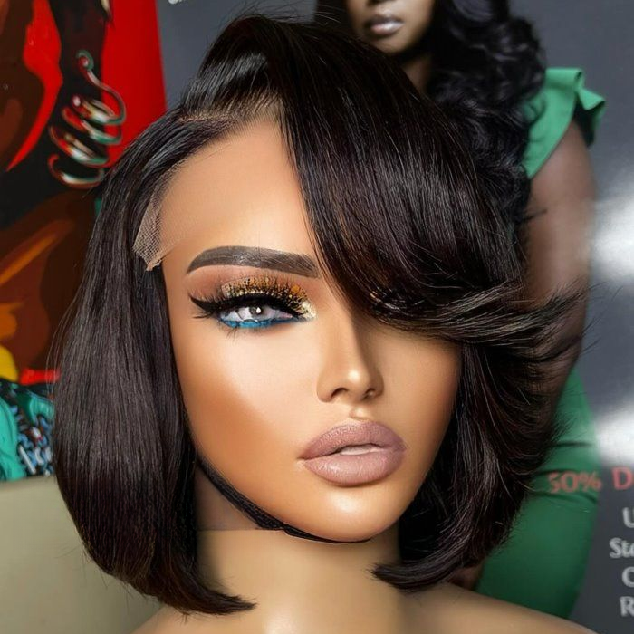 7x5 Lace Side Part Layered Haircut Bob With Bangs Glueless Wig 100% Human Hair