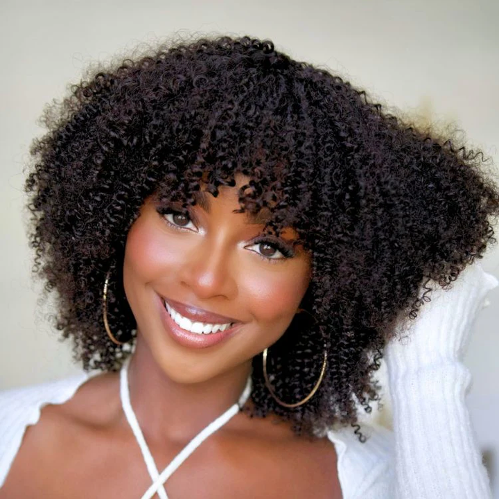 Bouncy Jerry Curl Throw On & Go Afro Curly Glueless Short Curly Wig with Bangs