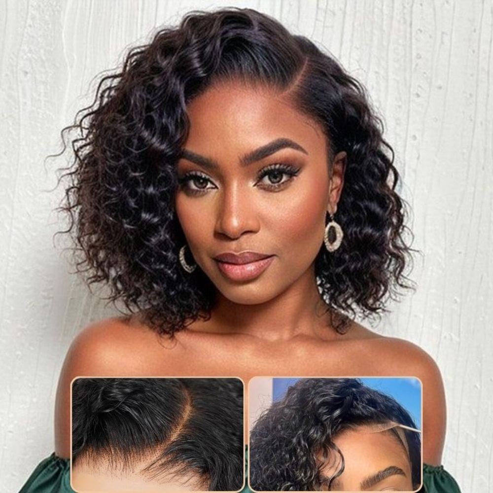 TianaHair Water Wave 4x4 Closure Lace Put On And Go Glueless Bob Wigs 100% Human Hair.