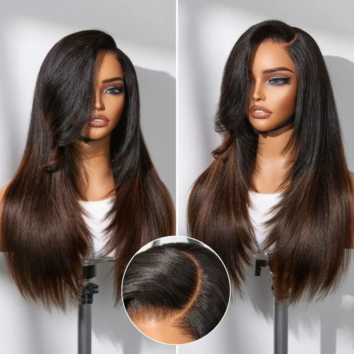 7x5 Lace Ombre Brown Layered Cut Yaki Straight Glueless Wig Human Hair Long Wig Pre-Cut Lace