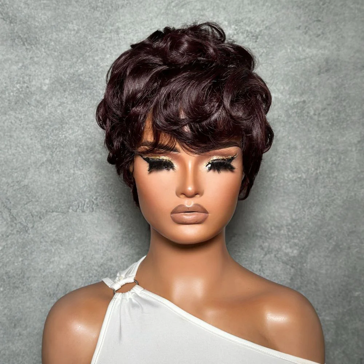 No Lace Put On & Go Dark Burgundy Pixie Cut Wig 100% Human Hair