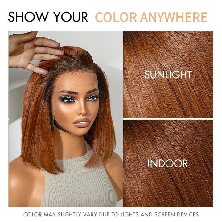 Ginger Ombre Silky Blunt Cut Glueless 4x4 Lace Short Bob Wig 100% Human Hair