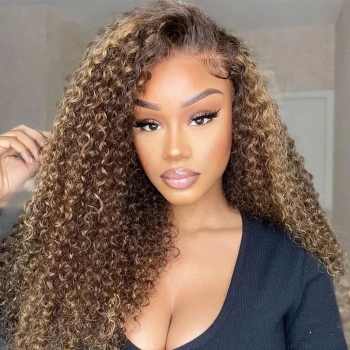 TianaHair Wear Go 6x4 Highlight Brown Wigs Kinky Curly Pre-plucked Glueless Lace Wigs.