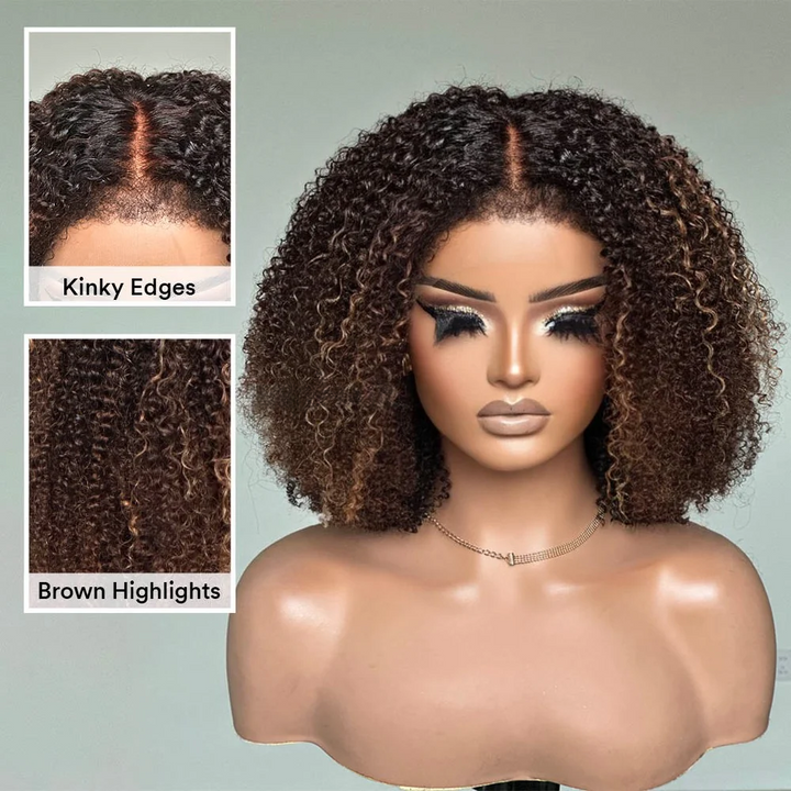 4x4/7x5 Lace Ombre Brown Highlights Afro Kinky Curly With Kinky Edges Bob Wig Pre-Everyhthing Wear Go Glueless Wig
