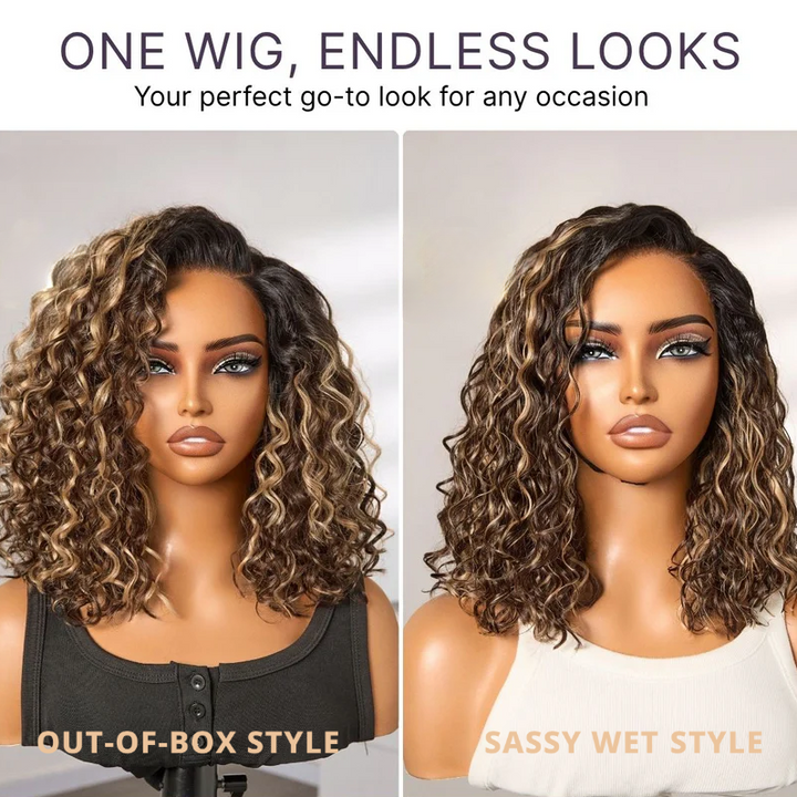4x4 Lace Blonde Highlight / Natural Black Water Wave Short Curly Bob Wig Pre-Everyhthing & Transparent Lace Wear Go Glueless Wig