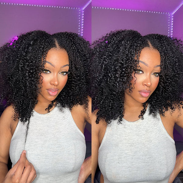 TianaHair V Part Natural Black Afro Curly Glueless Wigs 180% Density 100% Human Hair.